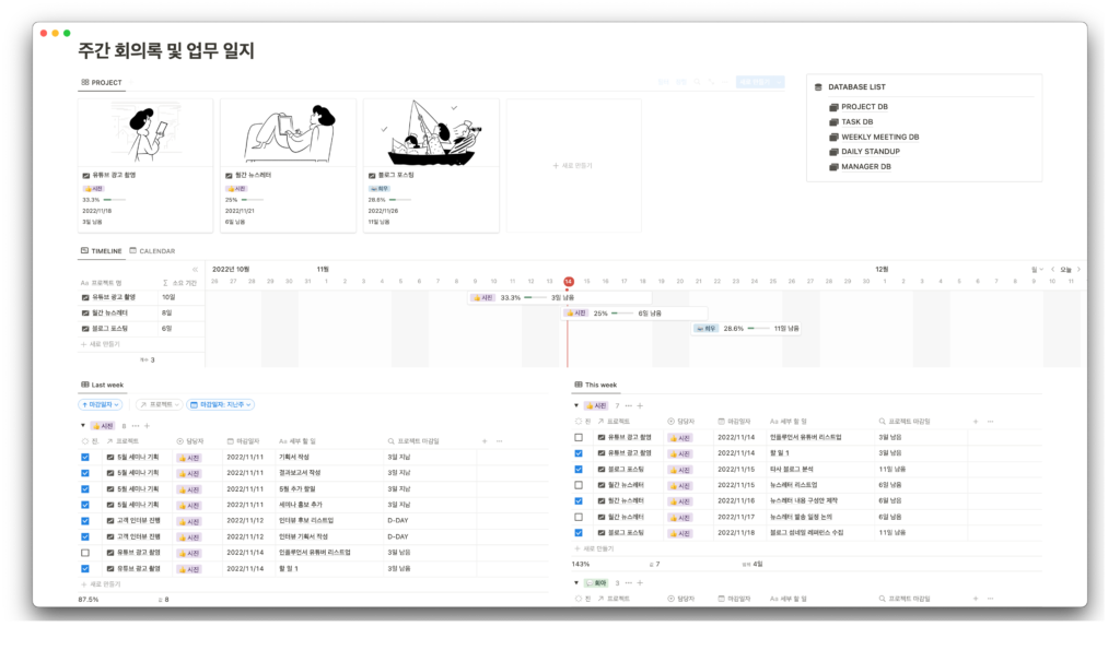 노션 주간 회의록 및 업무 일지 템플릿 메인화면