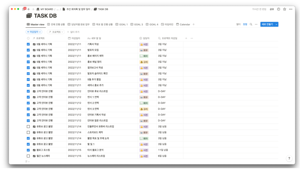 노션 주간 회의록 및 업무 일지 템플릿 TASK DB