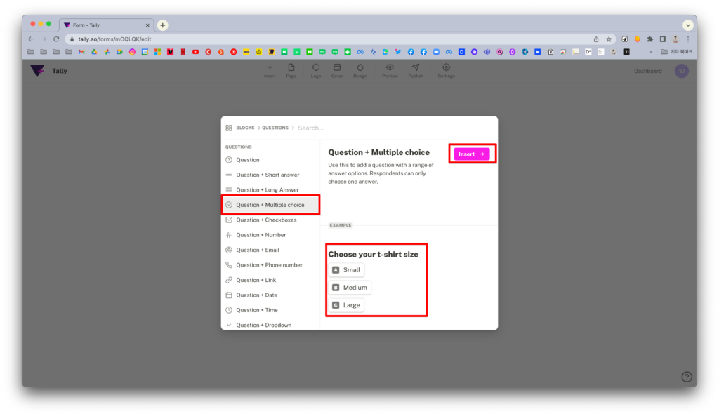 노션 설문지 서비스 tally.so에서 questions+multiple choice 블록으로 선택 속성 만들기