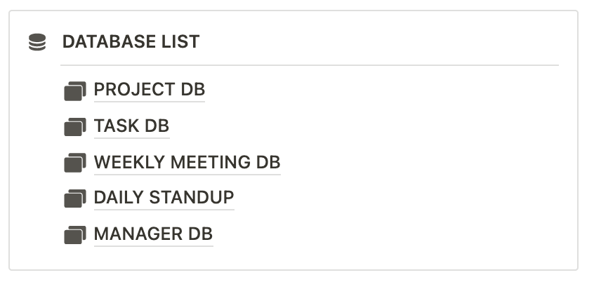 노션 주간 회의록 및 업무 일지 템플릿에 들어있는 전체 데이터베이스 목록
